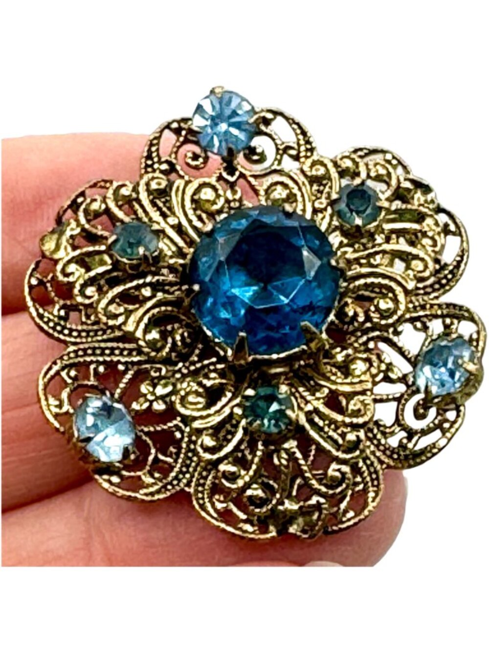 Vintage Filigree Floral Brooch w/ Prong Set Blue Glass Gold Tone Stacked 1.5" - Picture 2 of 8